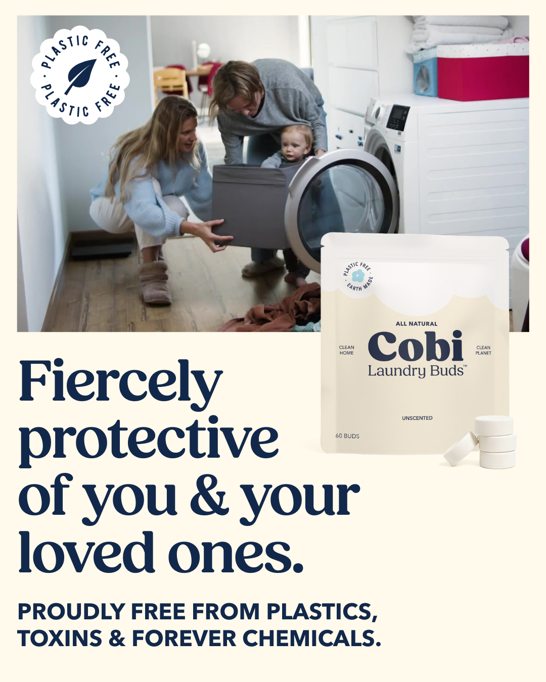 Mom and daughter doing laundry together with Cobi Laundry Buds - Fiercely protective of your loved ones